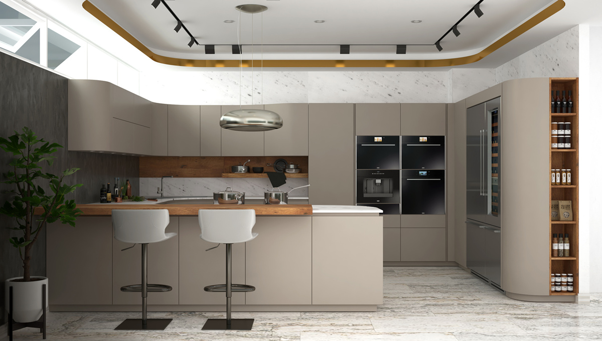 Design beige dell'armadio da cucina