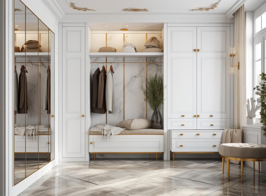 Armadio in legno massello laccato bianco stile Shaker di alta qualità con maniglie dorate