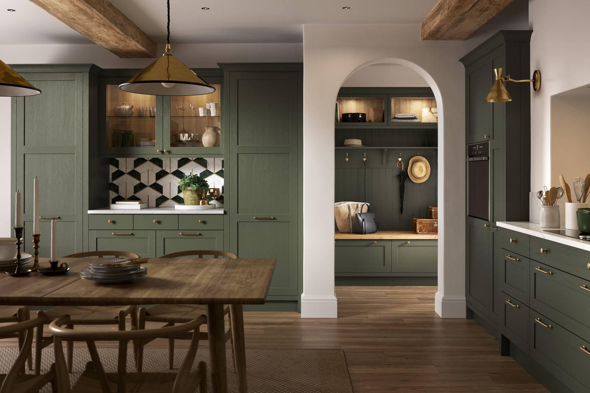 Armadi da cucina in legno massello laccato verde scuro di alta qualità con maniglie dorate