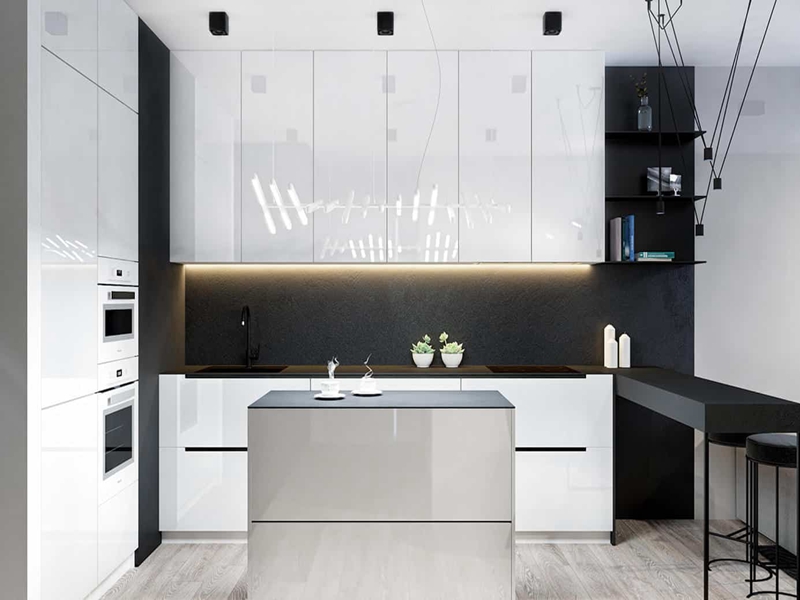 Mobili da cucina moderni e minimalisti in legno massello con finitura acrilica bianca lucida
