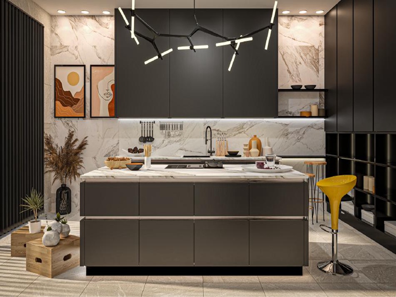 Eleganti mobili da cucina a schermo piatto con finitura nera con quarzite modellata