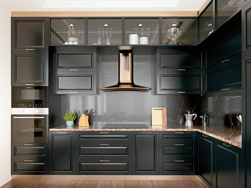 Mobile da cucina in legno massello laccato nero opaco in stile classico Shaker con ante con telaio in alluminio nero