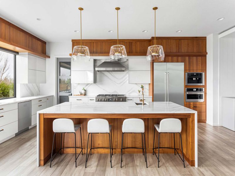 Eleganti armadi duplex a colori Mobili da cucina in legno massello acrilico lucido con accenti di venature del legno