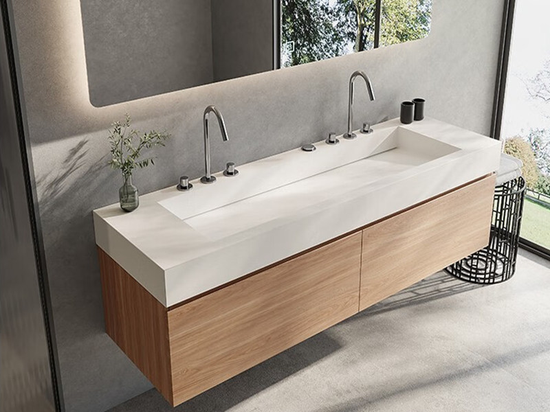 Mobile da bagno in legno massello con finitura melaminica in stile moderno e design con lavabo integrato