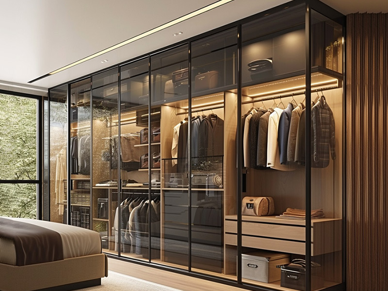 Cabina armadio modulare di lusso in legno di alta gamma, con ante in vetro in acciaio inossidabile e luce a LED.