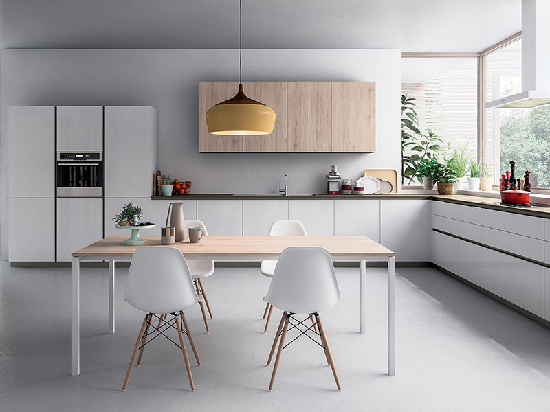 Mobili da cucina laccati bianco opaco, mobili da cucina a L in legno moderni e minimalisti personalizzati